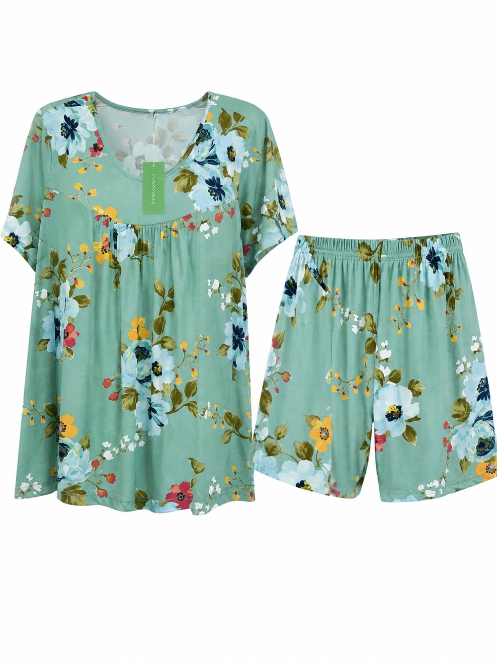 NWT Taohuadao 3XL Floral Pajama Set Mint Green Lounge Top Shorts Plus Size